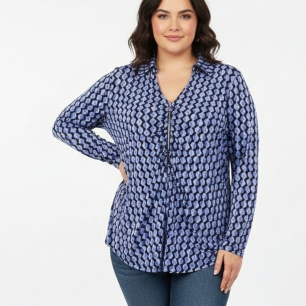 Cato Blue Geometric Print Zip Front Blouse Size M